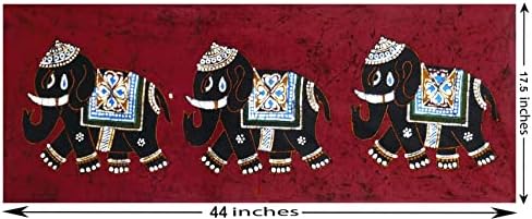 Кукли от Индия с три украсени слонове - 17,5 x 44 инча - Многоцветен модел Батик върху плат - Без рамка (CL64)