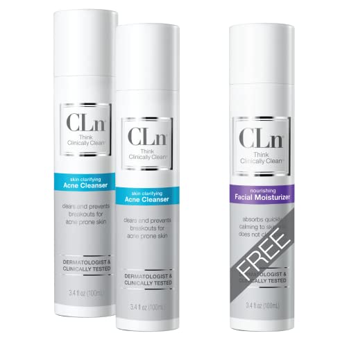 CLn® Acne Пакет - (2) Средство за прочистване от акне 3,4 грама и (1) Хидратиращ крем за лице 3,4 грама - Успокоява кожата, помага