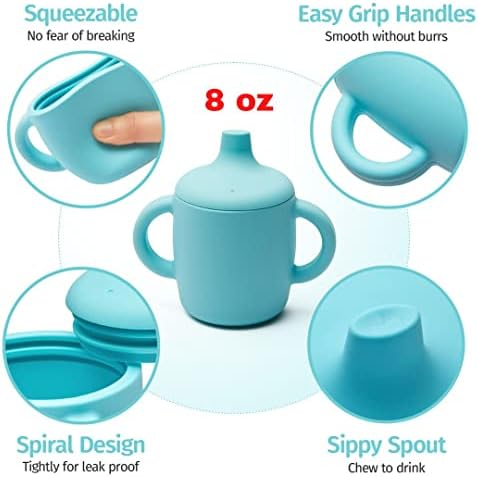Силиконови Непроливающиеся чаши Silikong 8 Унции За деца | Могат да се мият в миялна машина и микровълнова печка | 2 опаковки (Зелен / Син)