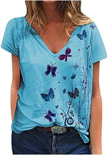 Есенно Годишният Топ Тениска за Момичета с Къс ръкав 2023 Памук VОбразный Силует на Пеперуда на Цвете Графичен Свободен Приятелка Топ Свободно Намаляване на