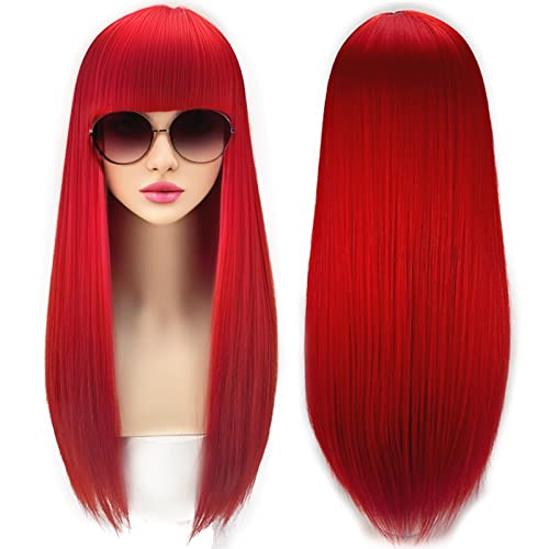 AOPUETRX Червени перуки за жени, дълга права перука от естествени, синтетични коса с бретон за костюмированной партита, ежедневното