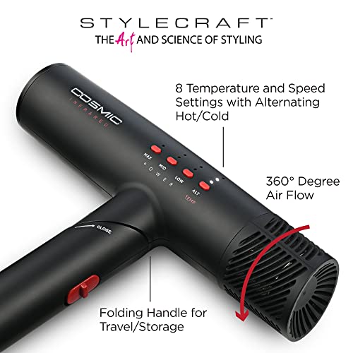 StyleCraft Cosmic Професионален ультралегкий сгъваем сешоар за коса с дигитално двигател с инфрачервена йонна технология