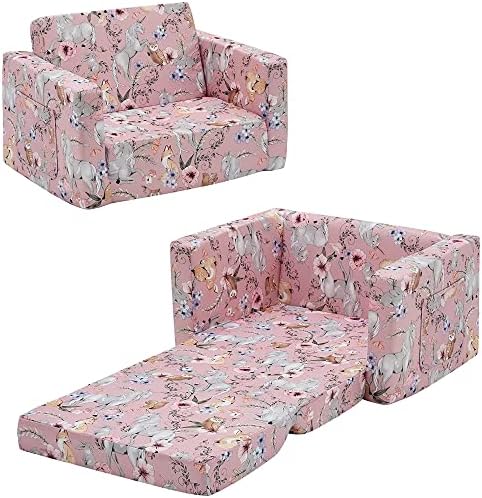 Ulax Furniture Детски диван-стол Детски Разтегателен фотьойл 2-в-1 разтегателен диван-легло (Розов Еднорог)